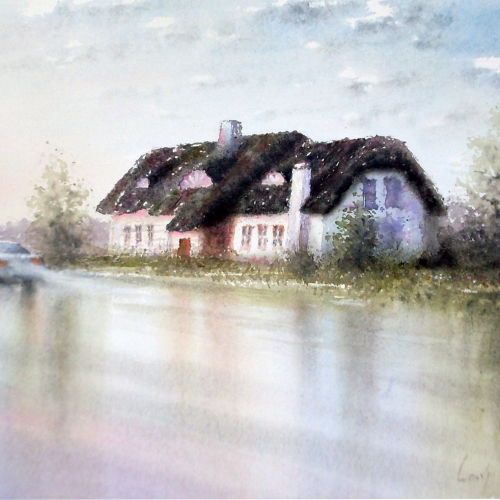 House by the road, watercolor on paper,